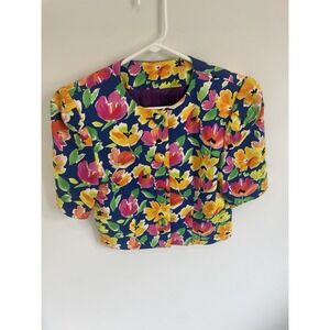 Vintage Talbots Floral Short Sleeve Blazer Size 8 100% Cotton Buttons‎ Retro